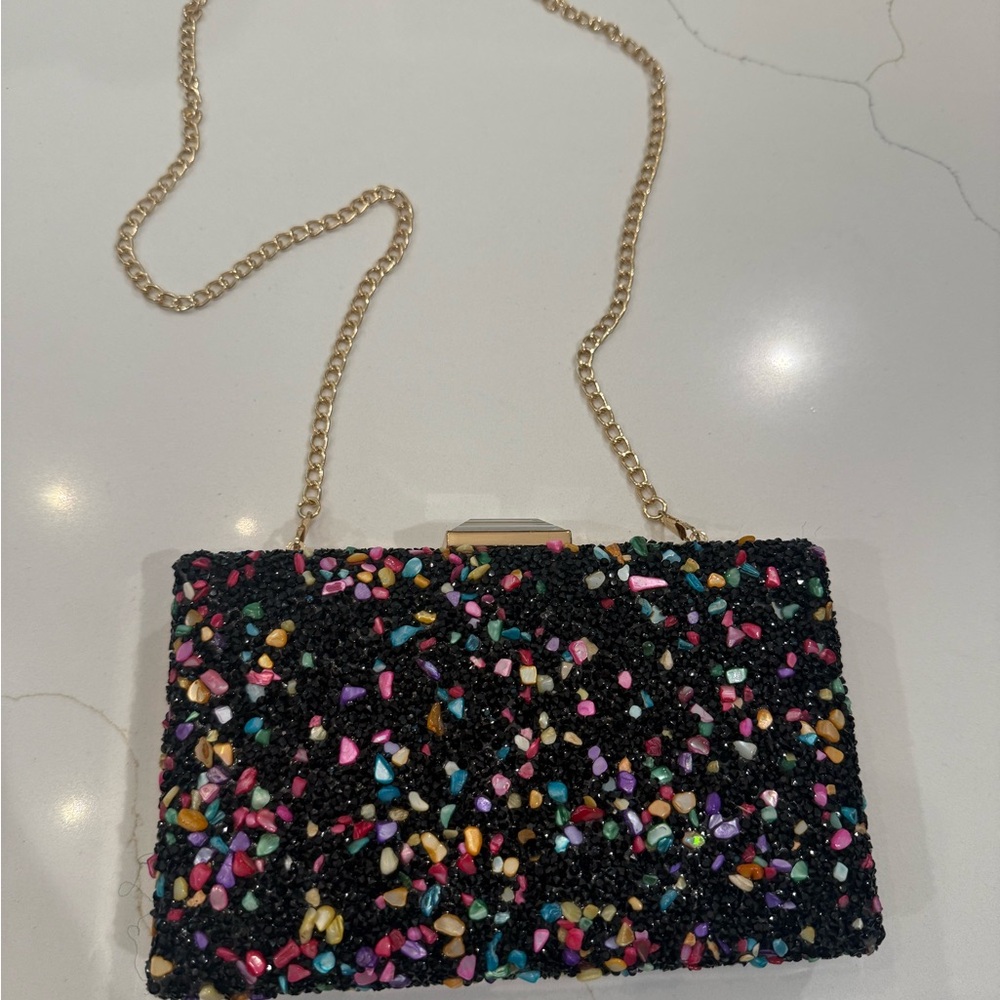 Nina Multicolor Beaded Clutch with Gold Chain